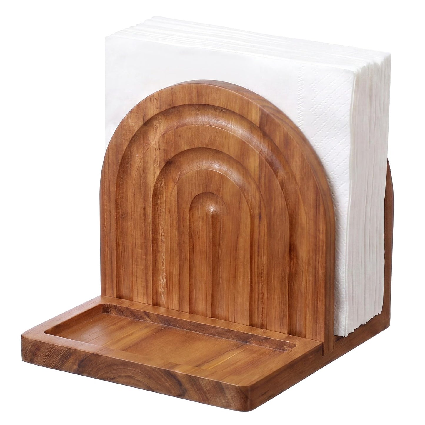 Singhoow Acacia Wood Napkin Holder with Salt and Pepper Shaker Caddy, Modern Arch Paper Napkin Dispenser and Condiment Organizer for Dining Table Kitchen Counter, Farmhouse Boho Home Decor