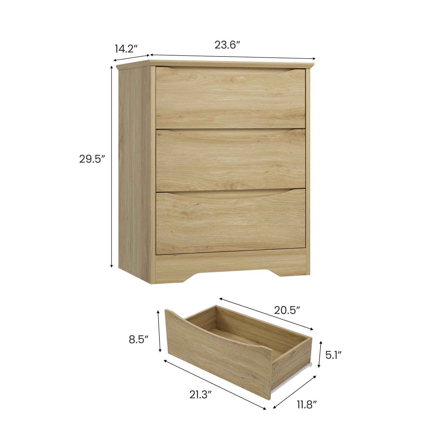 Garvee Wooden Dresser with 3 Drawers, Tall Modern Closet with Deep Storage, Large Chest of Drawers with Wide Top, Long Storage Dresser for Bedroom, Living Room, Hallway, Kids Room, Natural