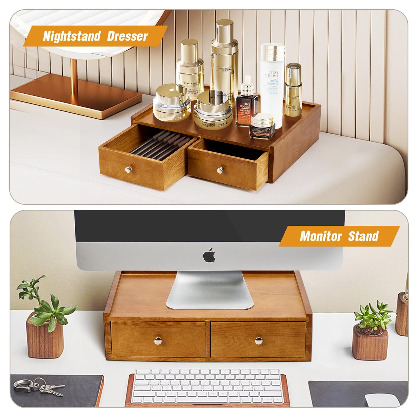 Inlisy 15.8"L X 11.8"W X 4"H Wooden K cup Storage, Keurig Stand With Storage, Coffee Pod Holder Organizer, Desktop Kitchen Storage with 2 Drawers, 30/40/60 Pod Capacity, Natural