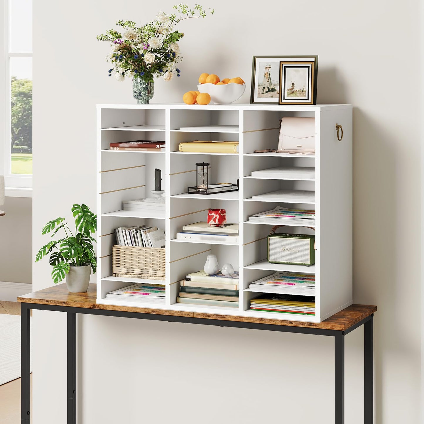 HOOBRO Literature Organizer, 27 Compartments Wooden Mail Organizer, Countertop Literature Sorter with Adjustable Shelves for Home, Office, School, Student Mailbox for Classroom, White WT27WF01