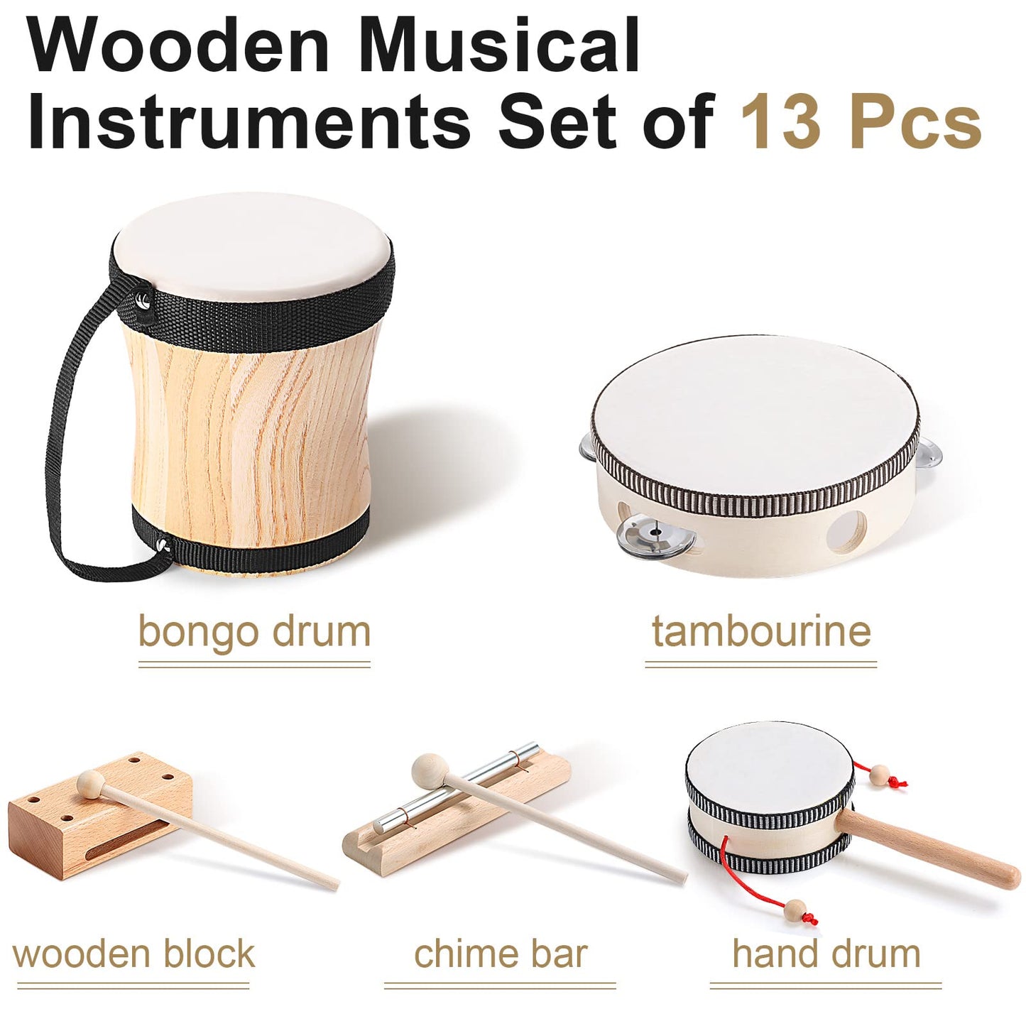 Chumia Toddler Musical Instruments Set 13 Pcs Montessori Wooden Percussion Instruments with Drum Preschool Educational Baby Early Learning Music Toys Set for Little Boys Girls Kids Children Gifts