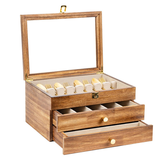 Yoimori Silverware Box, 3-Layer Wooden Silverware Storage Box with Glass Lid, 14.5×10.6 Inches Vintage Style Decor Flatware Storage Case for Fine Flatware & Utensils, Gift Idea (Torched Wood)