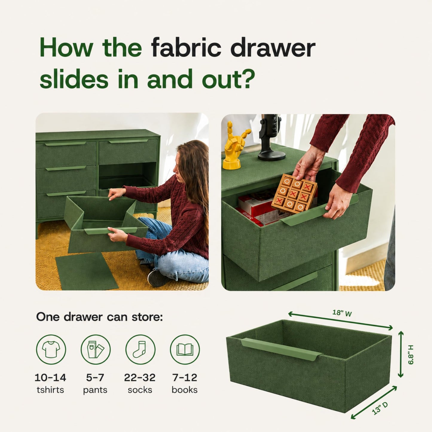 tinge Naima Premium Fabric Dresser - Strong Metal Frame, 5 Spacious Sag-Proof Drawers with Sleek Metal Handles - Premium & Durable Storage Solution for Your Home (Green)