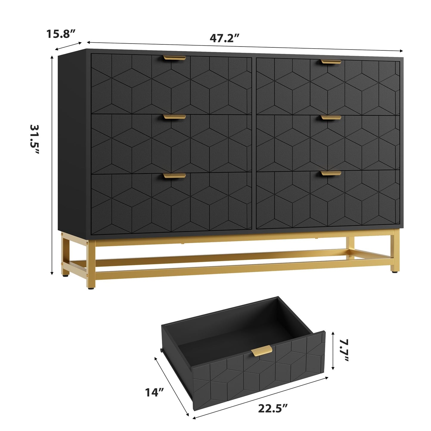 GAOMON Black 6 Drawer Double Dresser,Modern Dresser for Bedroom with Gold Handles,Long Storage Organizer for Closet & TV Stand,Large Chest of Drawers for Living Room,Hallway,Entryway