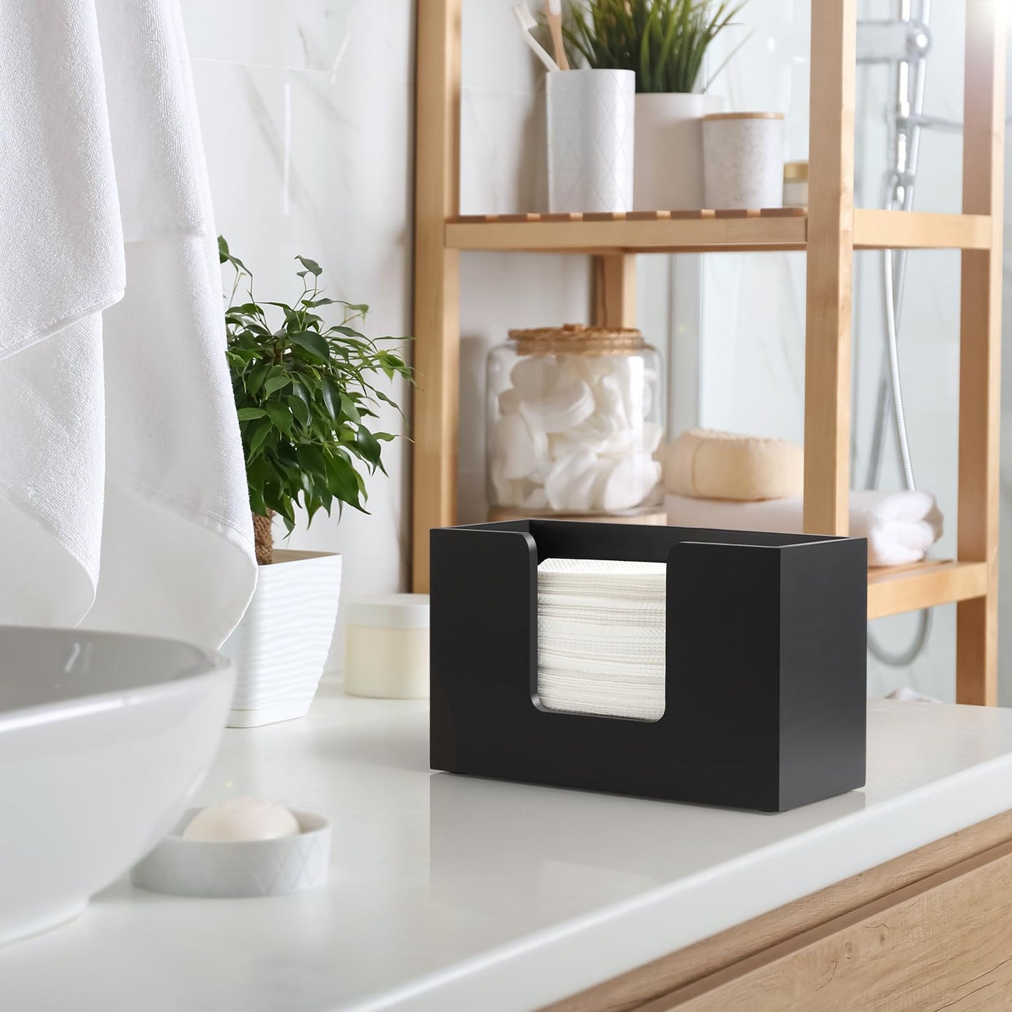 2-Pack Paper Towel Dispenser Countertop, Wooden Bathroom Paper Towel Holder, Black Napkin Holder for Kitchen, Countertop Multifold C-Fold, Z-Fold, Trifold Paper Hand Towel Dispenser for Toilet