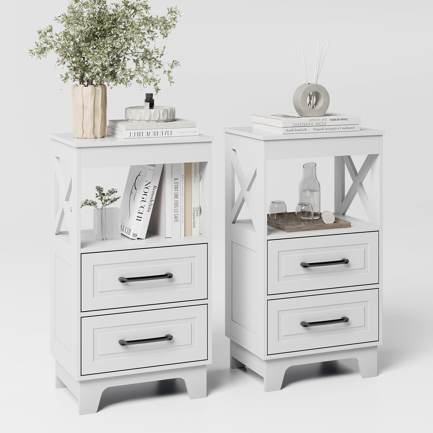ZYKZYK Tall Nightstand Set of 2 Side Table with 2 Drawers Modern Night Stand Wooden End Table Bedside Table with Upper Open Shelf Solid Feet for Bedroom, White