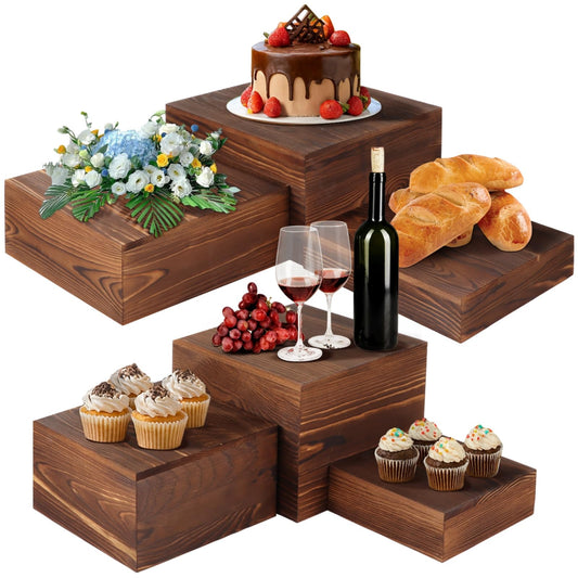 OMISTAR 6 Pcs Wooden Risers Display Stands Set - Rustic Wood Cake Stands, Nesting Display Blocks, Assorted Size Wood Display Shelf for Party Decorations, Jewelry, Figures Collection