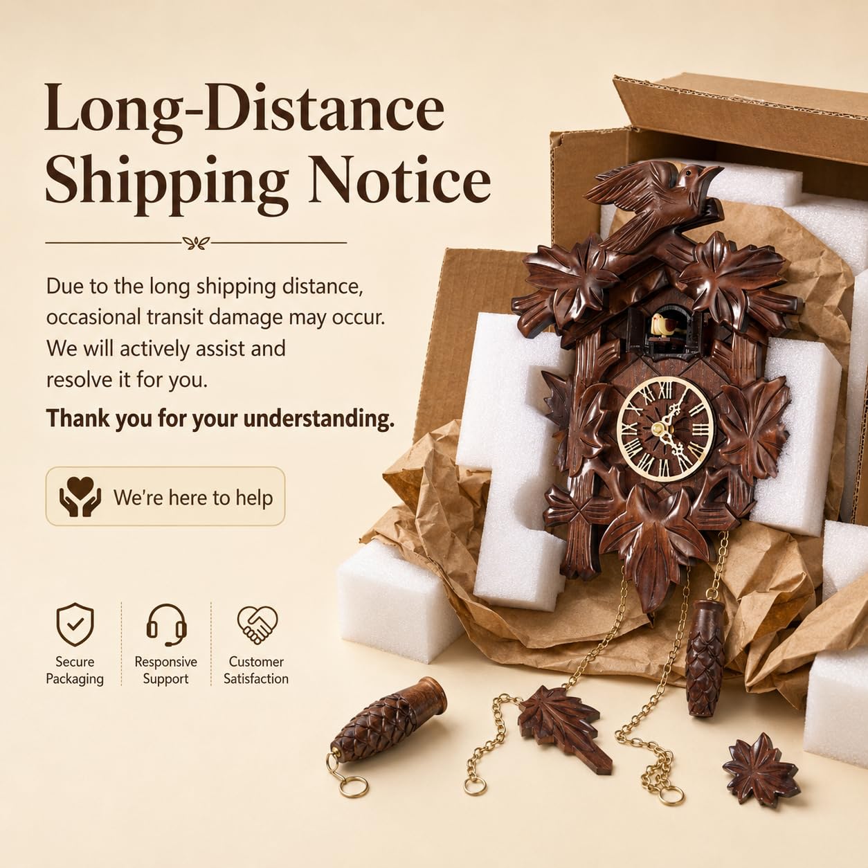 Cuckoopro Cuckoo Clock, Black Forest Style Wooden Pendulum Quartz Wall Clock, Volume Control, Night Silent, Gift Package, Professional Service