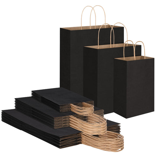 Toovip 90 Pack Black Kraft Paper Bags with Handles Bulk, 3 Assorted Sizes Gift Wrap Bags for Favors Grocery Retail Party Birthday Shopping Business Goody Craft Merchandise Take Out Sacks