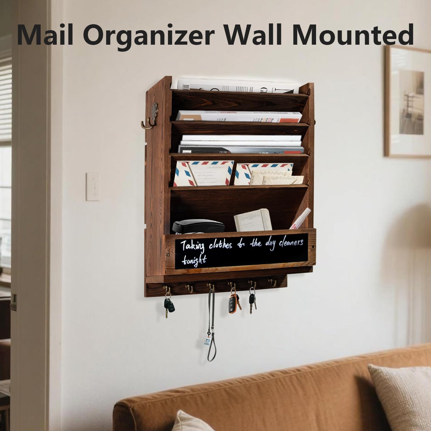Craftmastudio Rustic wall mail organizer,Key and Mail File Holder for Wall Mount，with 6 Key Hooks 2 Double Key Hooks A blackboard,for Home,Office, Classroom,Entryway Decor (brown)