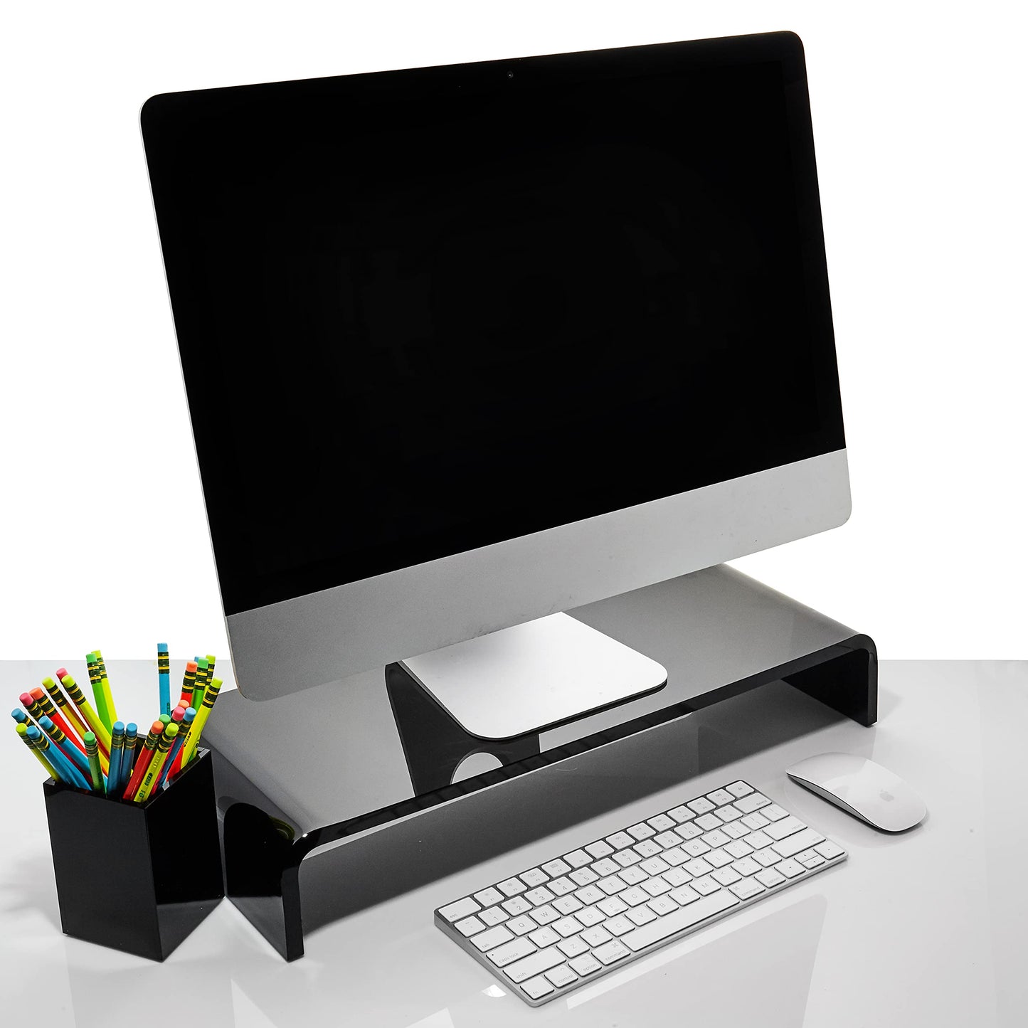 Acrylic Monitor Stand with Matching Pen Holder, 12mm Thick Clear Acrylic Monitor Riser, Laptop Stand for Home, Office, and Work. Computer Desk Riser with Keyboard Storage for LCD LED TV Screen (Black)