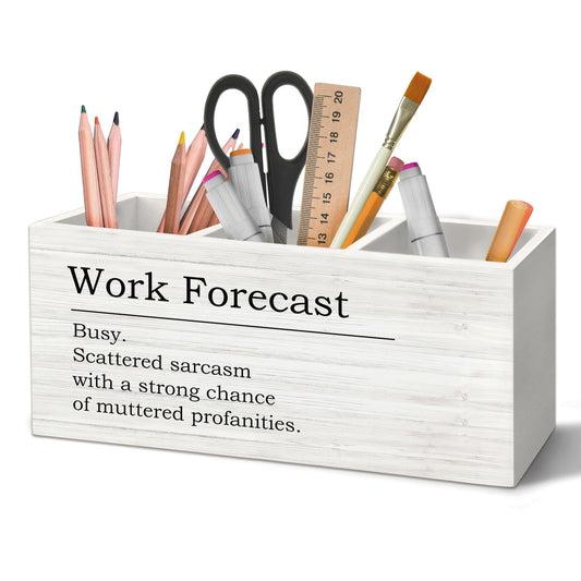 Yjeslw Funny Office Pen Holder Organizer for Desk Accessories, Humor Work Forecast Wooden Box Sign Desk Decorations for Women & Sarcastic Gifts for Work Bestie