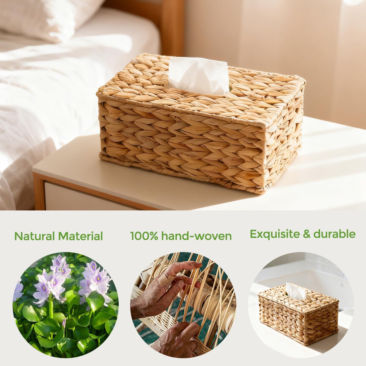 2 Pack Rectangle Wicker Tissue Box Cover Fits 120-Count (3-Ply) / 160-Count (2-Ply) Boxes, Natural Rattan Woven Facial Tissue Holder, Decorative Tissue Box Holder for Bathroom