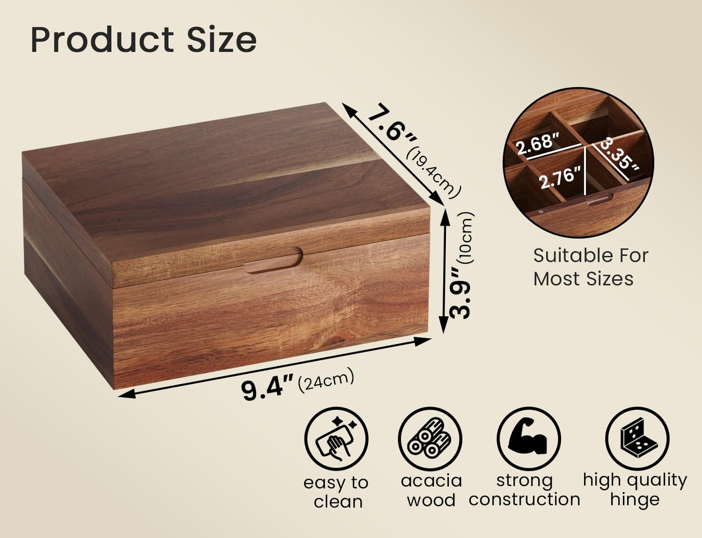 Danfoxer Acacia Wood Tea Bag Organizers, Tea and Sugar Packet Storage Chest with Lid, Wooden Teabag Holder Containers,Storage Box Teabox with 6 Compartments