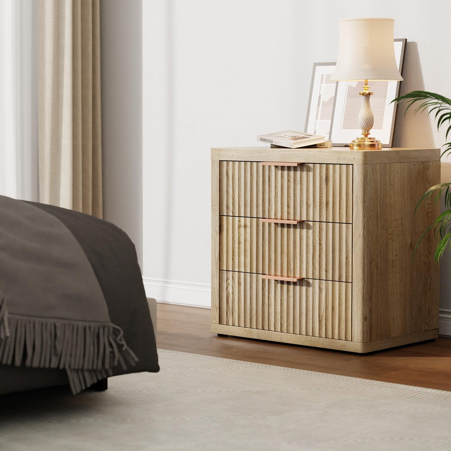 LOOMORA Fluted Nightstand with 3 Drawers, 23" Wide Modern Night Stand, Tall Bed Side Table with Metal Handle, Large Storage End Table, Nightstand for Bedroom, Living Room, Office, Nature