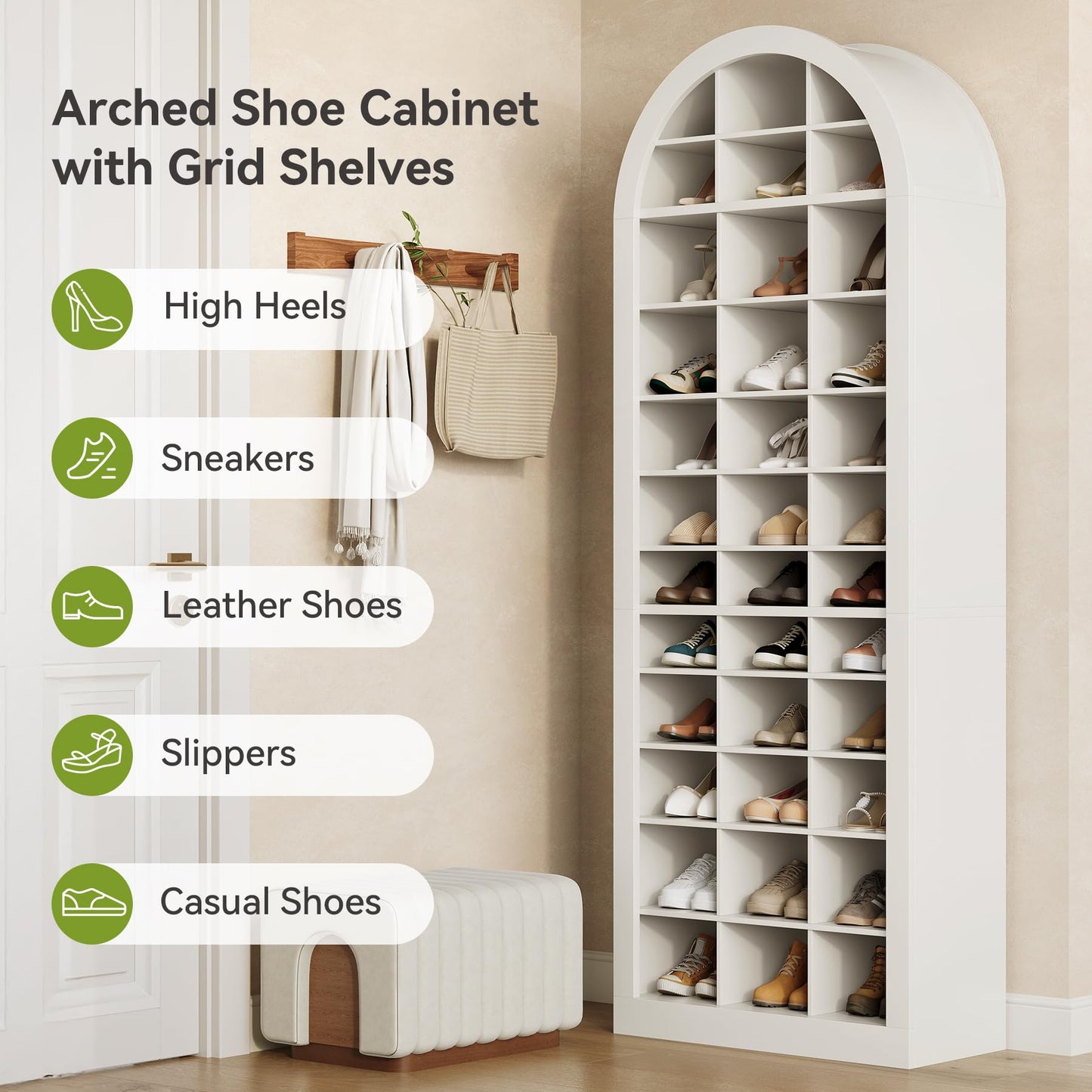 LITTLE TREE 12-Tier Shoe Storage Cabinet, Freestanding Tall Entryway Shoe Organizer with 36 Cubbies, 70.9'' Modern Shoe Organizer Shoe Rack Cabinet for Closet, Entryway, Living Room, White