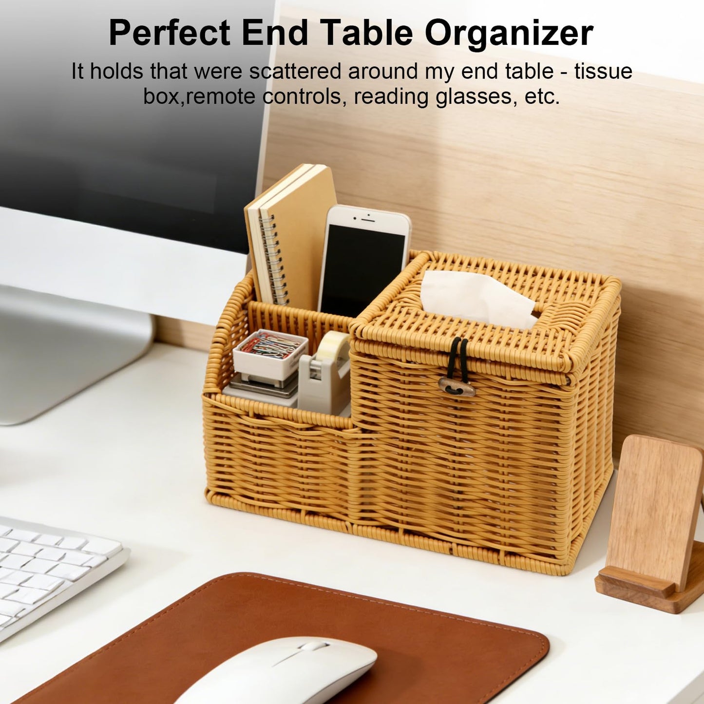Square Tissue Box Cover with Storage, Multifunction Cube Tissue Box Holder, Farmhouse Wicker Remote Control Nightstand Organizer Caddy for Bathroom, Home, Office Decor, Kitchen Countertop