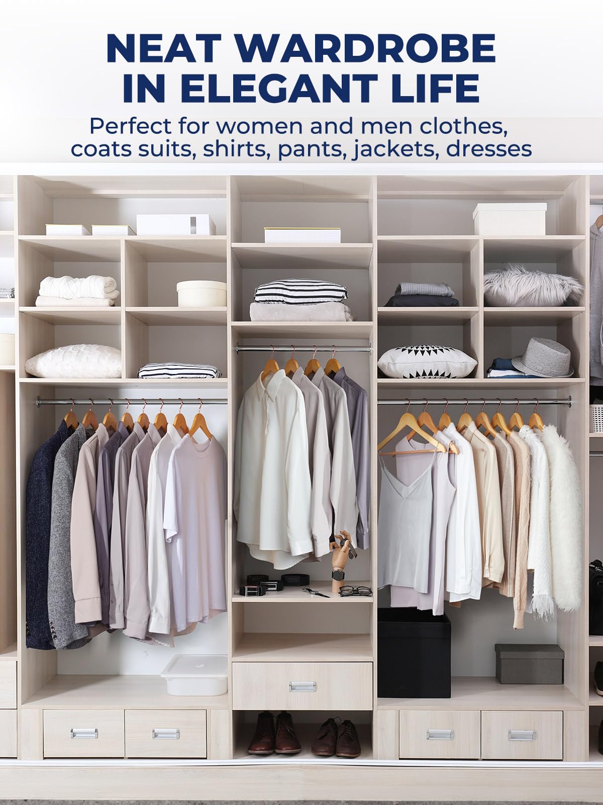 Smartor Wooden Hangers 10 Pack, Solid Wood Coat Hanger for Closet, Heavy Duty Wood Hangers for Suits, Shirts, Dresses, with 360° Rose Gold Hook, Non Slip Pant Bar, Natural