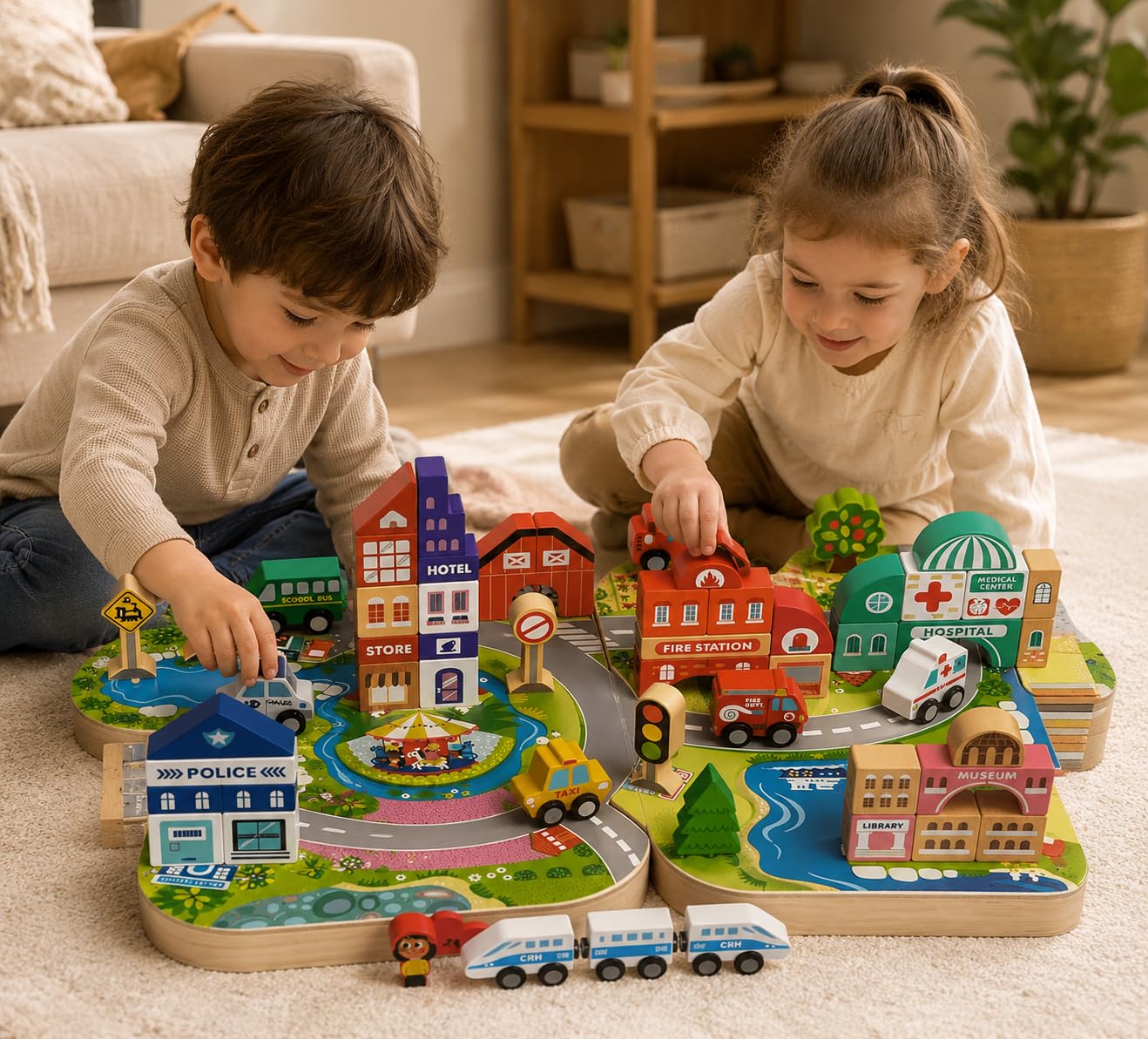 MUVANI Boxed City Wooden Blocks Set, Wooden City Building Blocks with Cars and Roads, Educational Pretend Play Toy for Kids