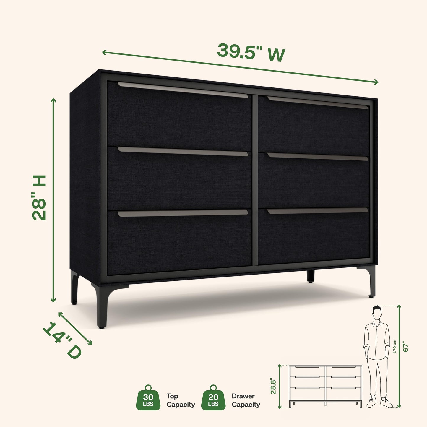 tinge Naima Premium 6 Drawer Fabric Dresser - Heavy Duty Metal Frame with Sag-Proof Storage Drawers for Clothes - Durable Black Bedroom Chest & Sleek Metal Handles