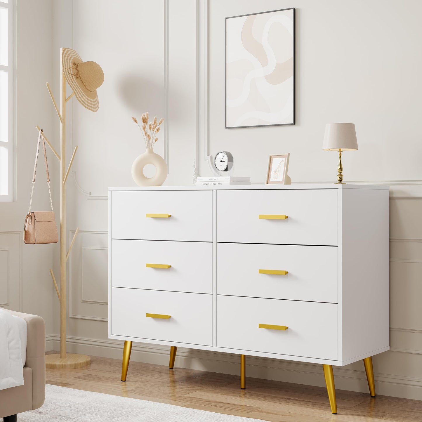 IDEALHOUSE 6 Drawer Dresser, Modern Wooden Chest of Drawers with Gold Handles, Deep Drawers for Bedroom, Living Room and Entryway, White