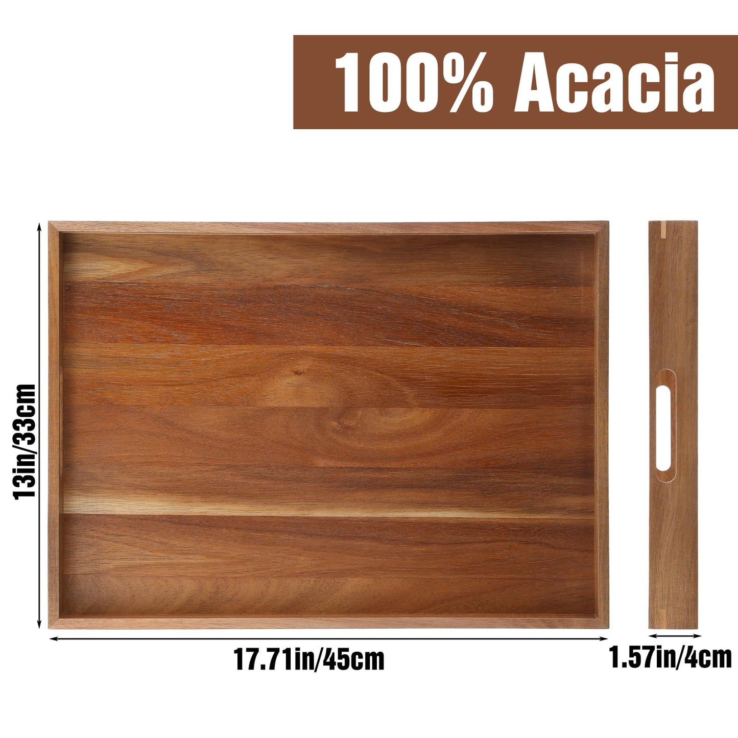17.7 Inch Acacia Wood Serving Tray with Handles Ottoman Tray for Living Room Large Wooden Trays for Ottoman Coffee Table Trays RectangularTray for Breakfast in Bed Dinner Bedroom Entryway Kitchen