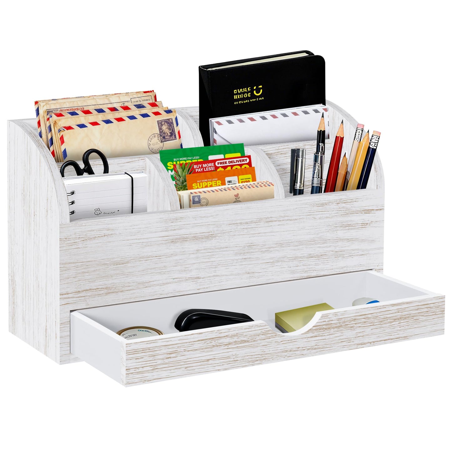 SeekElegant Wood Mail Organizer with Drawer & Pen Holder, White Mail Holder with 5 Detachable Compartments, Desk Organizer for Bill Envelope Storage, for Office Entryway Kitchen Countertop
