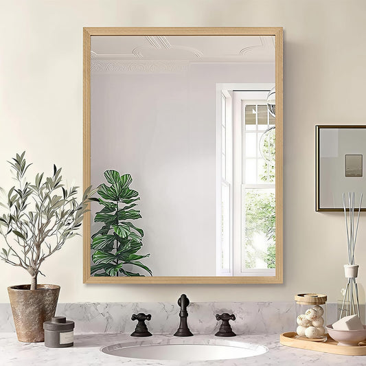 TheiaMo 36"x28" Bathroom Mirror with Natural Wood Frame for Wall, Large Rectangle Vanity Mirror Rustic Farmhouse Decor Mirror, Anti-Rust Explosion-Proof, Hangs Horizontally or Vertically, Solid