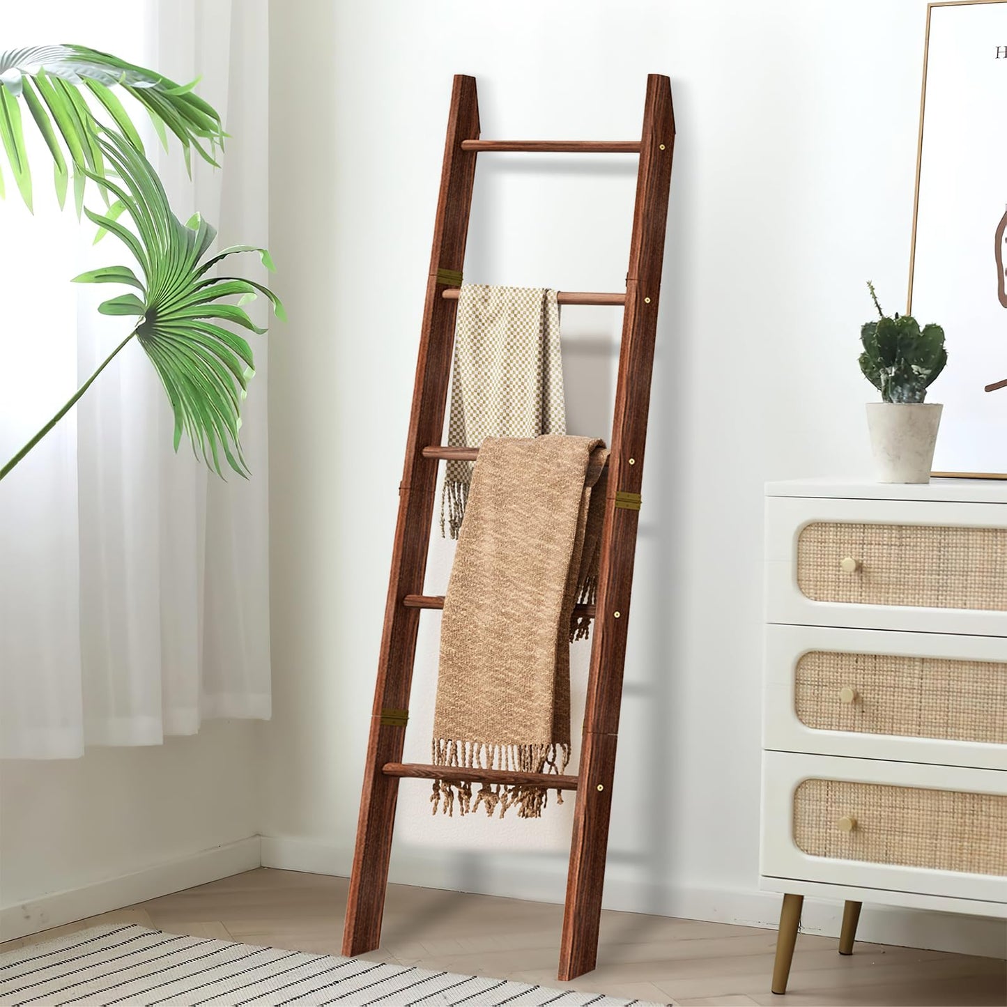 XLHOMO 5-Tier Wooden Blanket Ladder, 63" Rustic Leaning Blanket Rack for Living Room, Decorative Quilt and Towel Holder for Bedroom Bathroom Farmhouse Home Decor, Brown