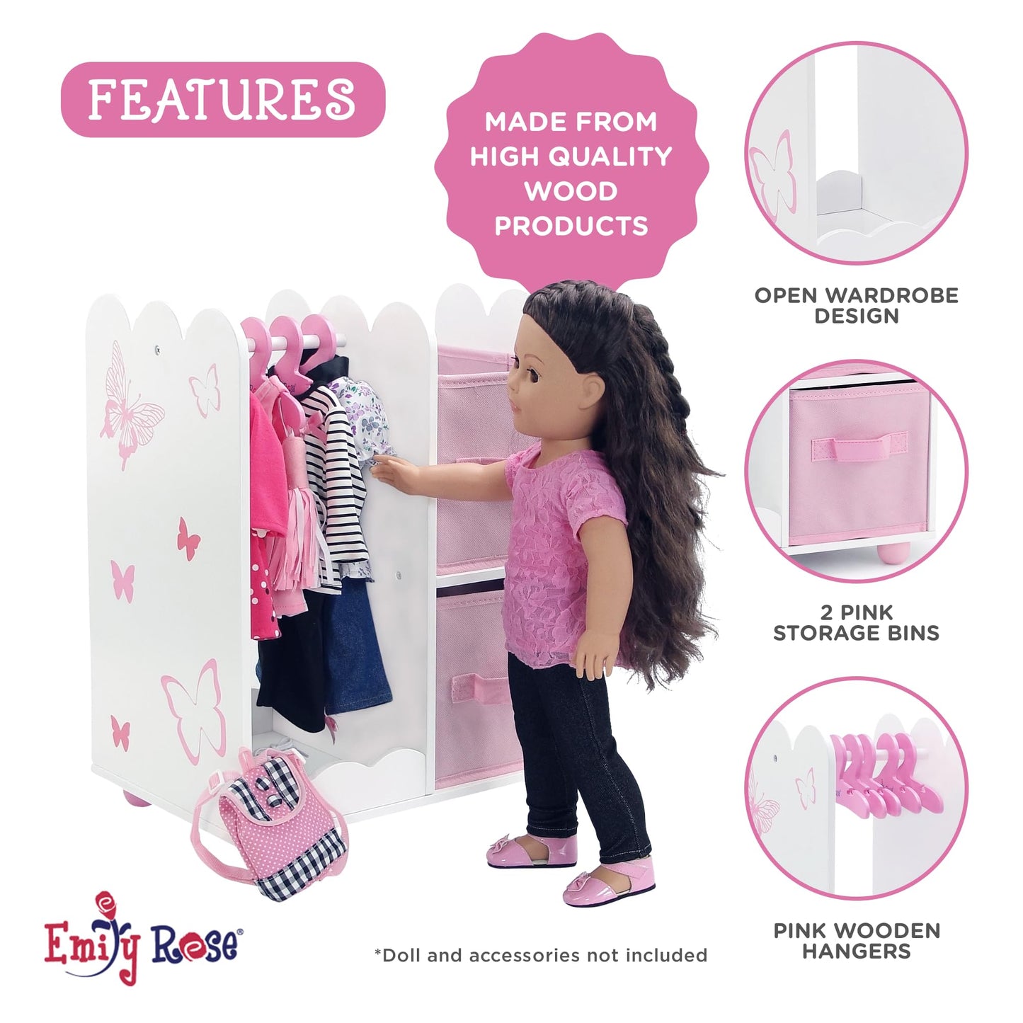Emily Rose 18" Doll Open Wardrobe Closet - Butterfly Collection Storage Closet with 5 Hangers & 2 Large Fabric Bins | American Girl Compatible | USA Brand