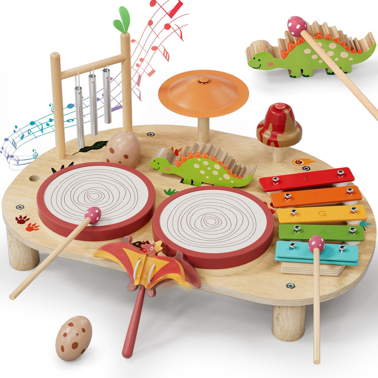 Lehoo Castle Baby Drum Set, Wooden Musical Instruments, Montessori Toys for Toddlers, Percussion Set with Xylophone Maracas Egg Shaker Drum Sticks, Preschool Christmas Birthday Gift