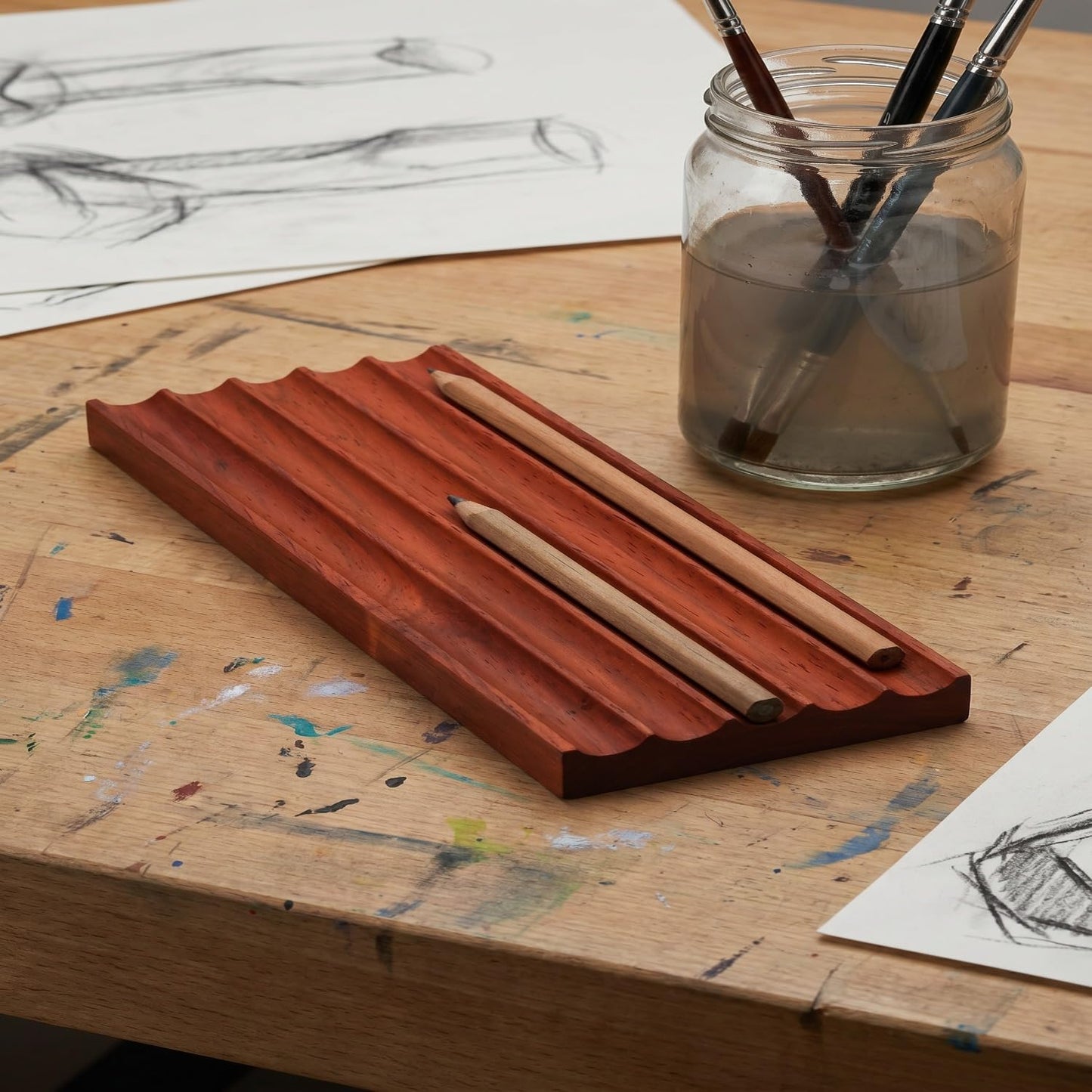 JUTSTJUKO Pen Holder for Desk Rustic Wooden Pencil Holder for Desk,Desk Writing Stationary Organizer Wood Pen Holder Cups Office School Supplies Storage (Red Pear)