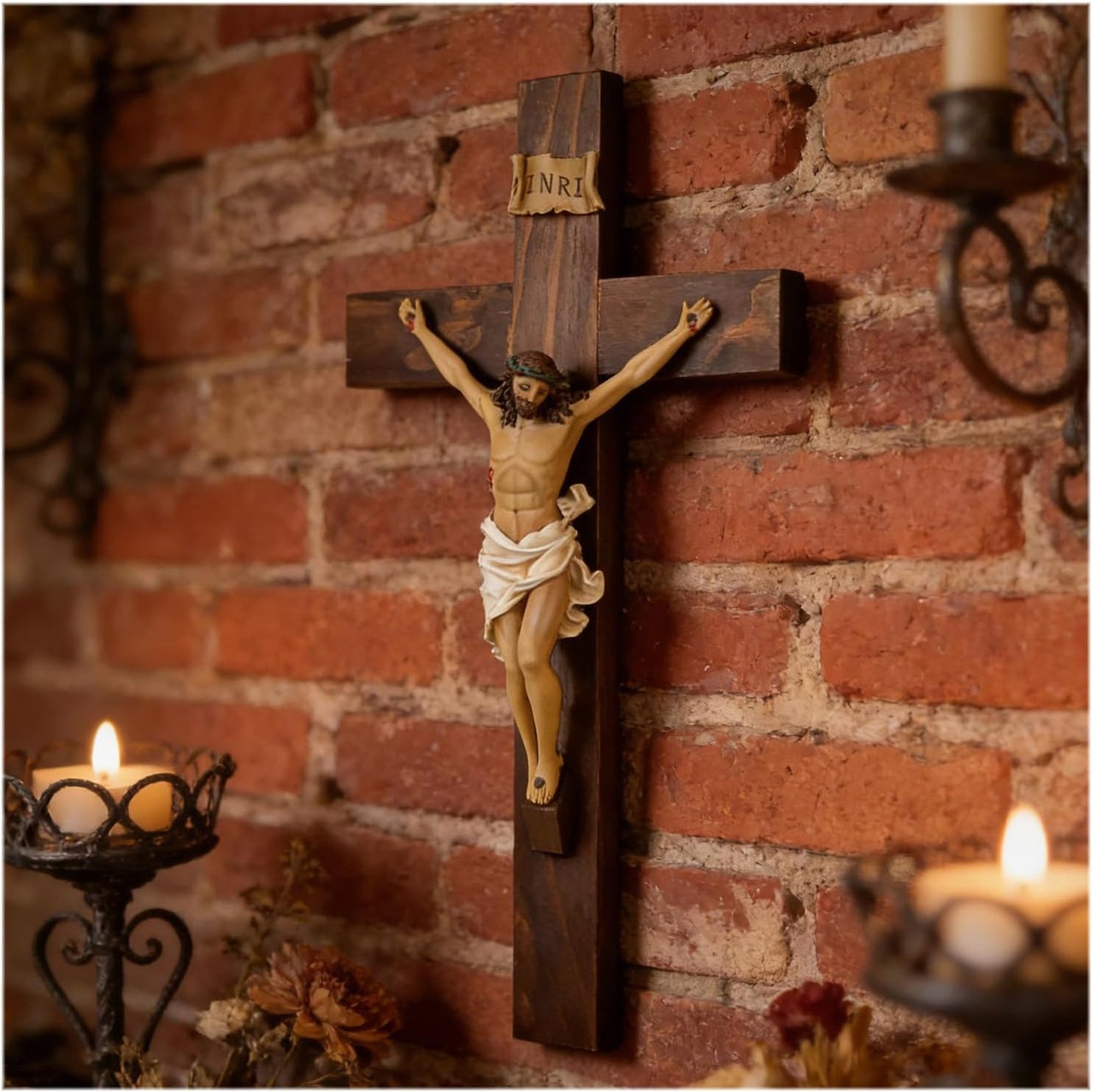ENNAS Large Wall Crucifix with Resin Jesus Figurine 19 Inch Wooden Cross with Metal Hook Handcrafted Religious Wall Decor for Home, Church, or Prayer Room Christian Catholic Gift