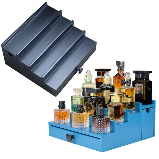 4 Tier Black Cologne Organizer with 4 Tier Blue one