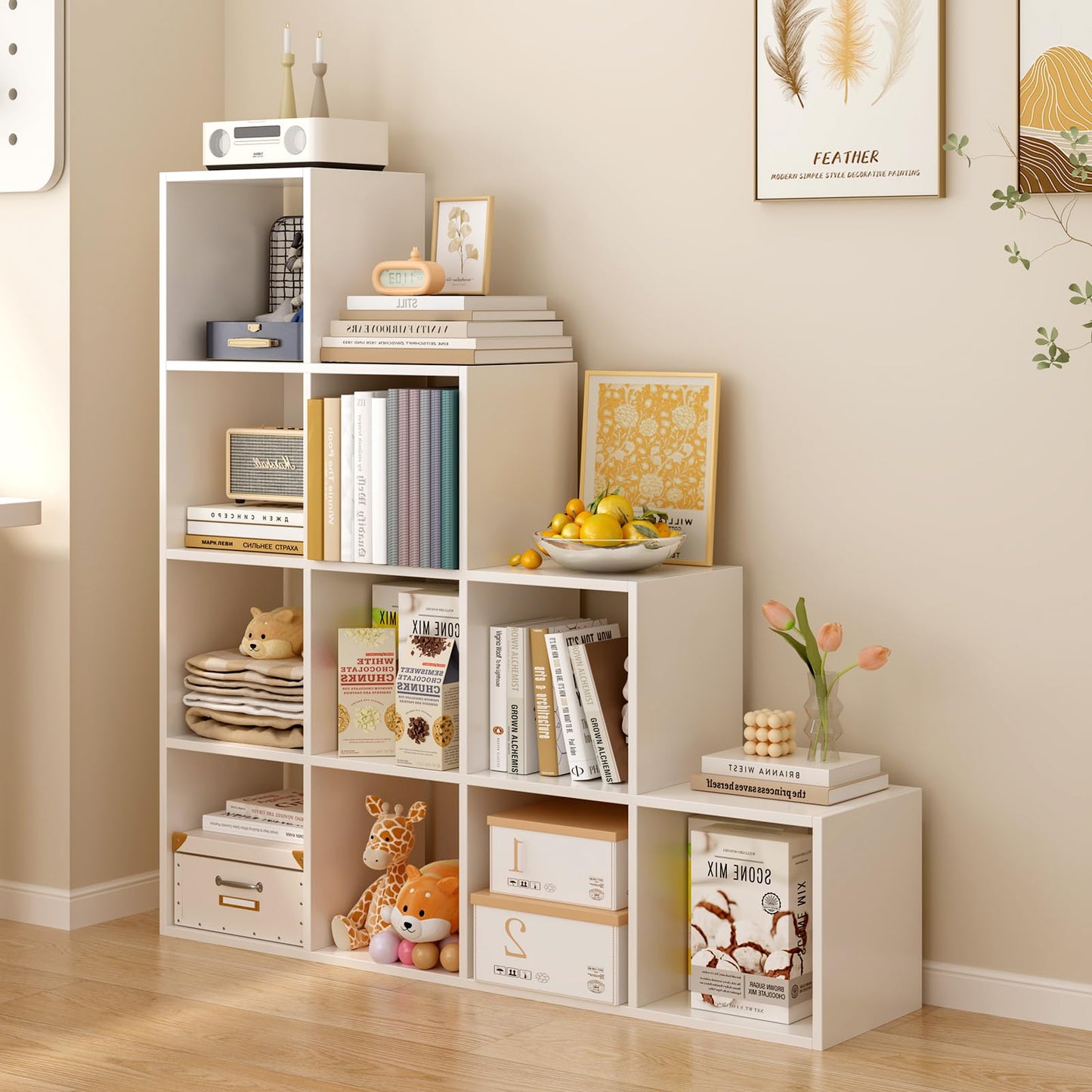 OSCHF Ladder Cube Storage Bookcase - Wooden L-Shaped 4-Tier Corner Shelf, Reversible 10-Cube Organizer for Home & Office, White