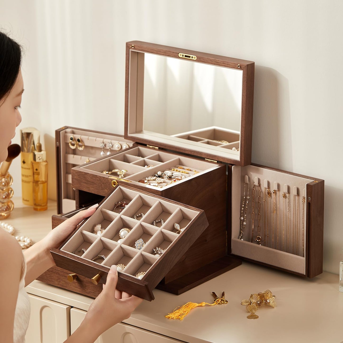 Homruilink Black Walnut Wooden Jewelry Box, Wood Jewelry Organizer with 2 Side Doors Mirror Lockable Classical Style for Watch Necklace Ring Earring Storage, Fathers Day Gift-4 Layer