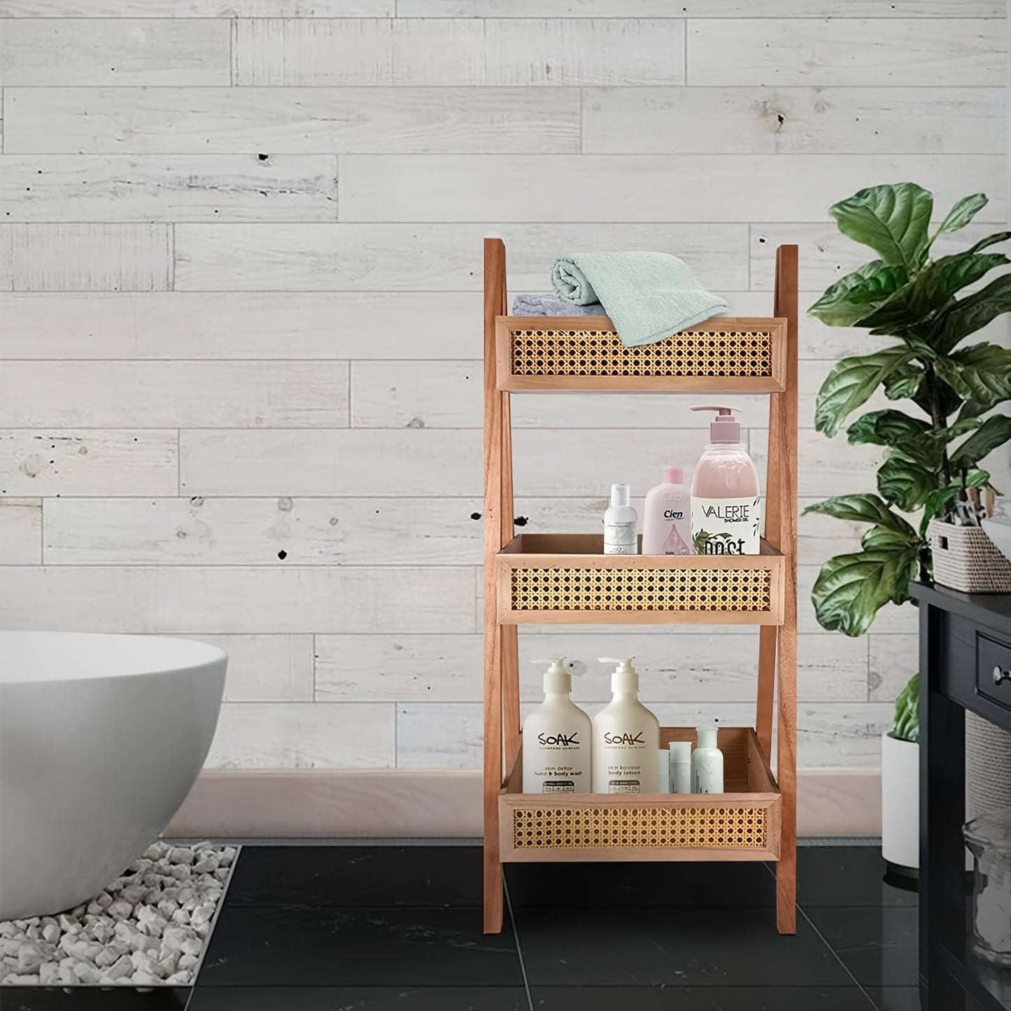 Free Standing Bookcase, Blanket Ladder, Ladder Bookshelf, 3-Tier Rattan Bookshelf, Wood Organizer Storage Shelves for Living Room Bedroom Kitchen Bathroom Balcony and Home Office