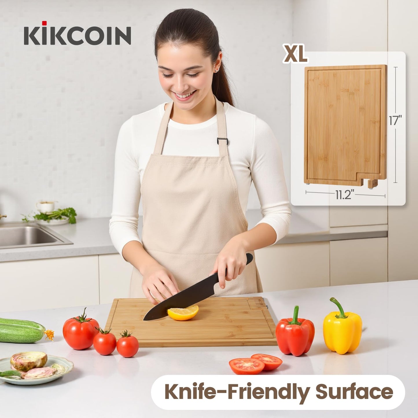 Kikcoin Bamboo Cutting Boards for Kitchen, Extra Large Wood Cutting Board with Rotating Kickstand & Juice Groove, Wooden Chopping Board for Meats Veges Fruits, Heavy Duty Serving Tray, 17 x 11.3 inch