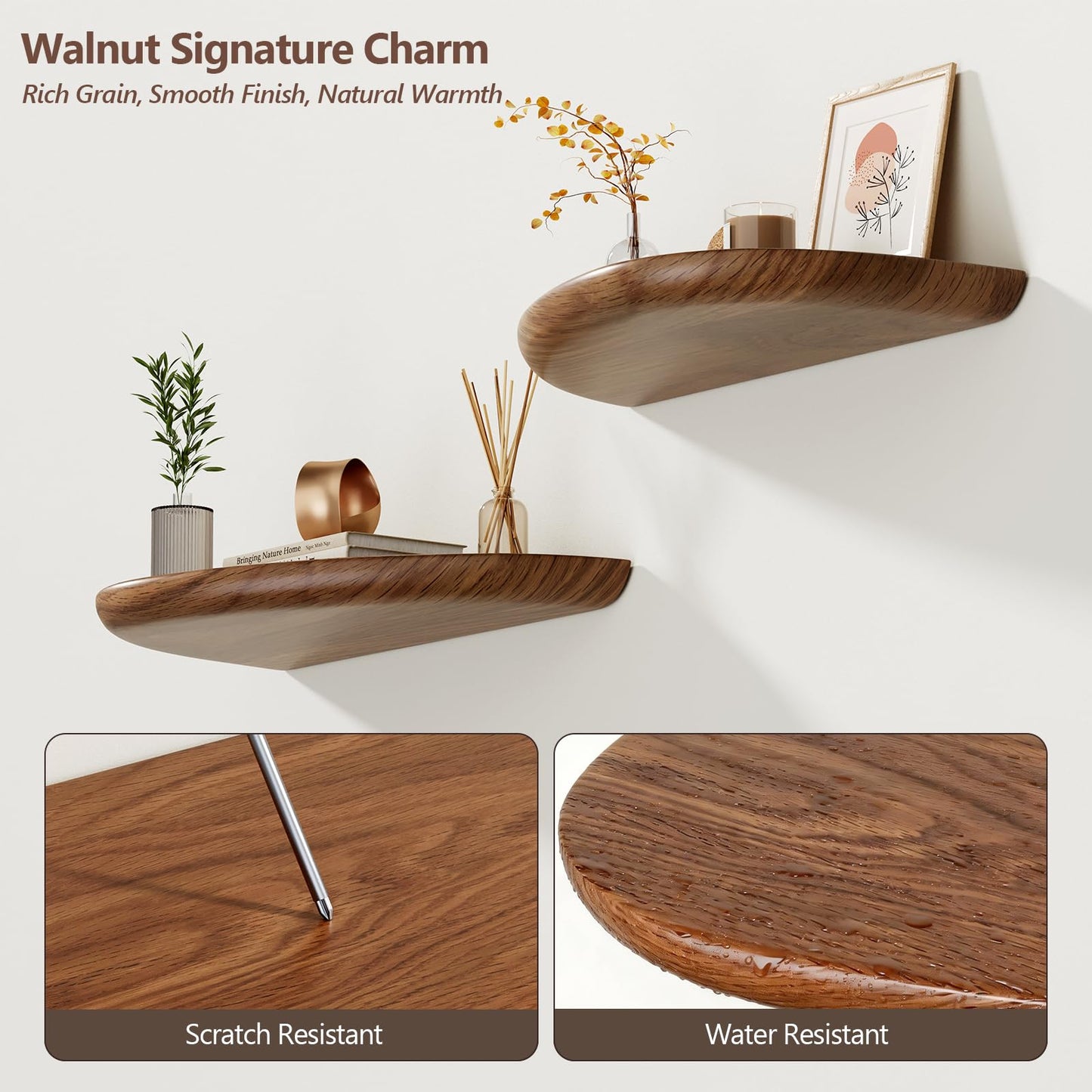 Sueuapp Solid Walnut Floating Shelves for Wall 15.7 Inch Set of 2, Live Edge Wall Mounted Shelf,Rustic Farmhouse Wooden Floating Shelf,Wood Wall Shelves for Bathroom Living Room,Bedroom,Kitchen