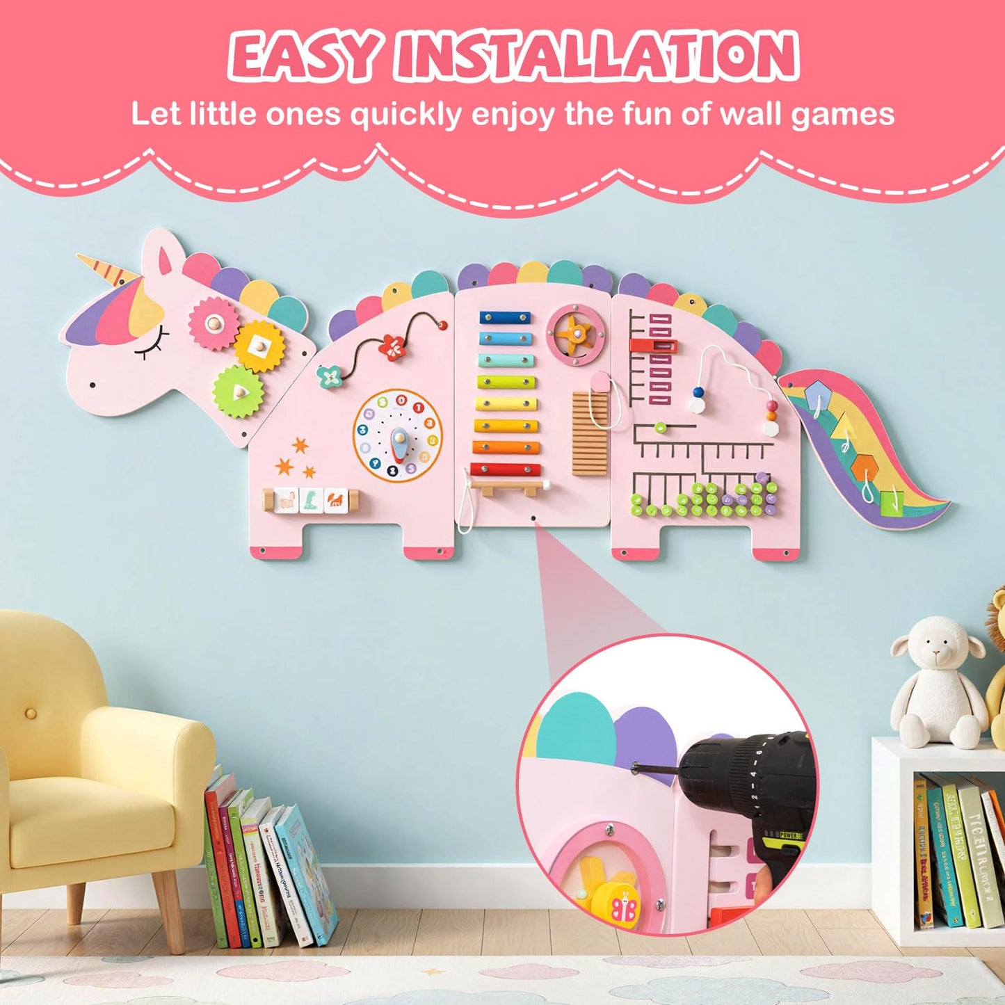 Costzon Activity Wall Busy Board, 11-in-1 Montessori Wooden Sensory Board Panels for Kids 3+, Wall-Mounted Toddler Learning Activity Center for Playroom, Daycare, Nursery, Classroom (Pink)