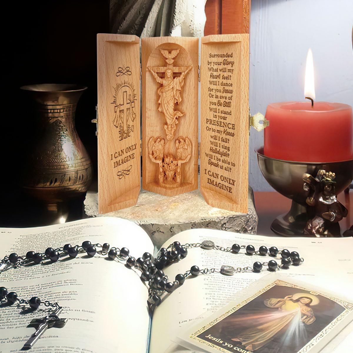 Jesuspirit - Our Father in Heaven Christian Decor, Catholic Wooden Statue, Sculpture Nativity Family, Statue of Jesus, Home Decor - Openable Wooden Cylinder Sculpture of Jesus (I Can Only Imagine)