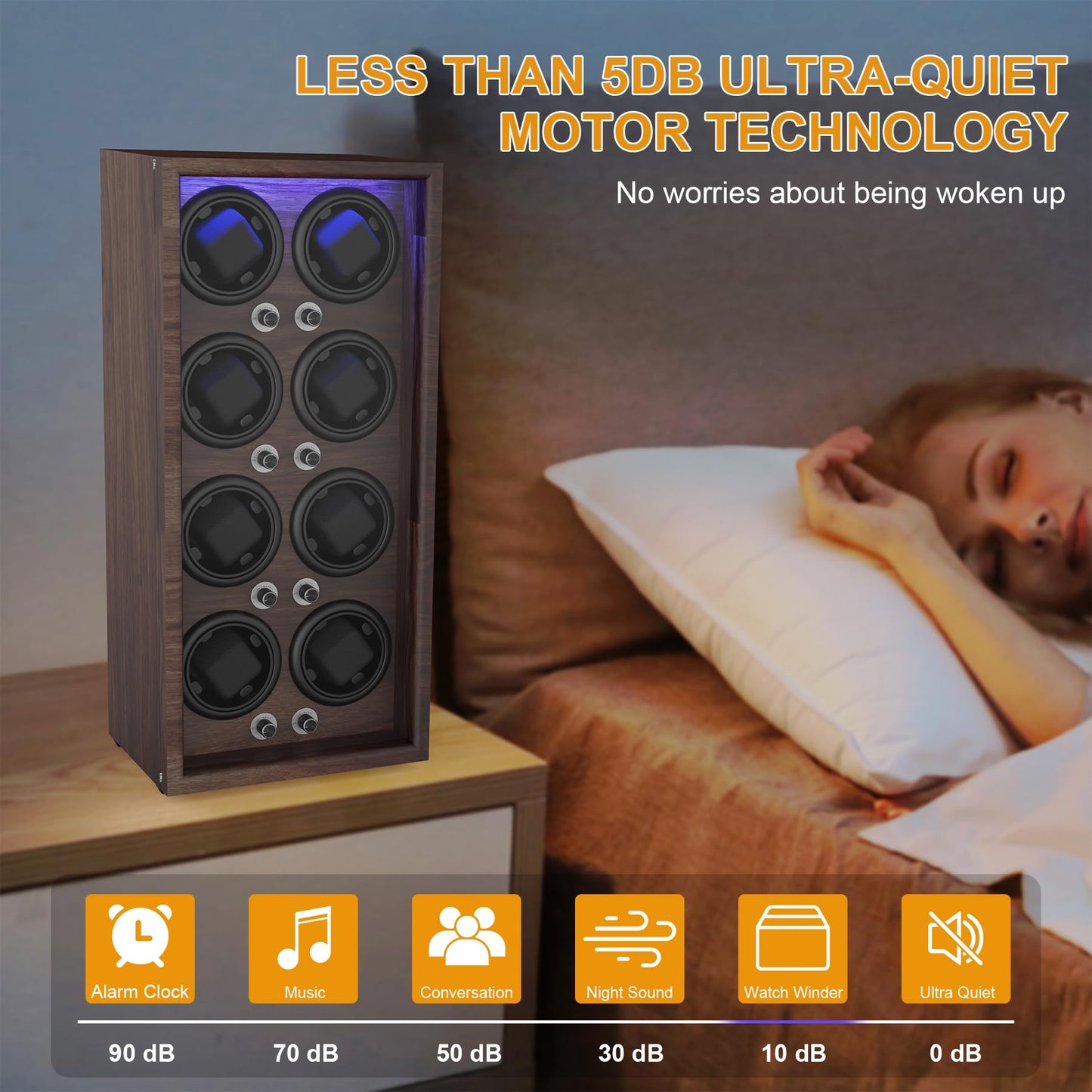 Domivans Watch Winder for Automatic Watches,8 Wooden Watch Rotating Case with LED Light,4 Rotation Modes, Elastic Watch Pillows Quiet Mabuchi Motor