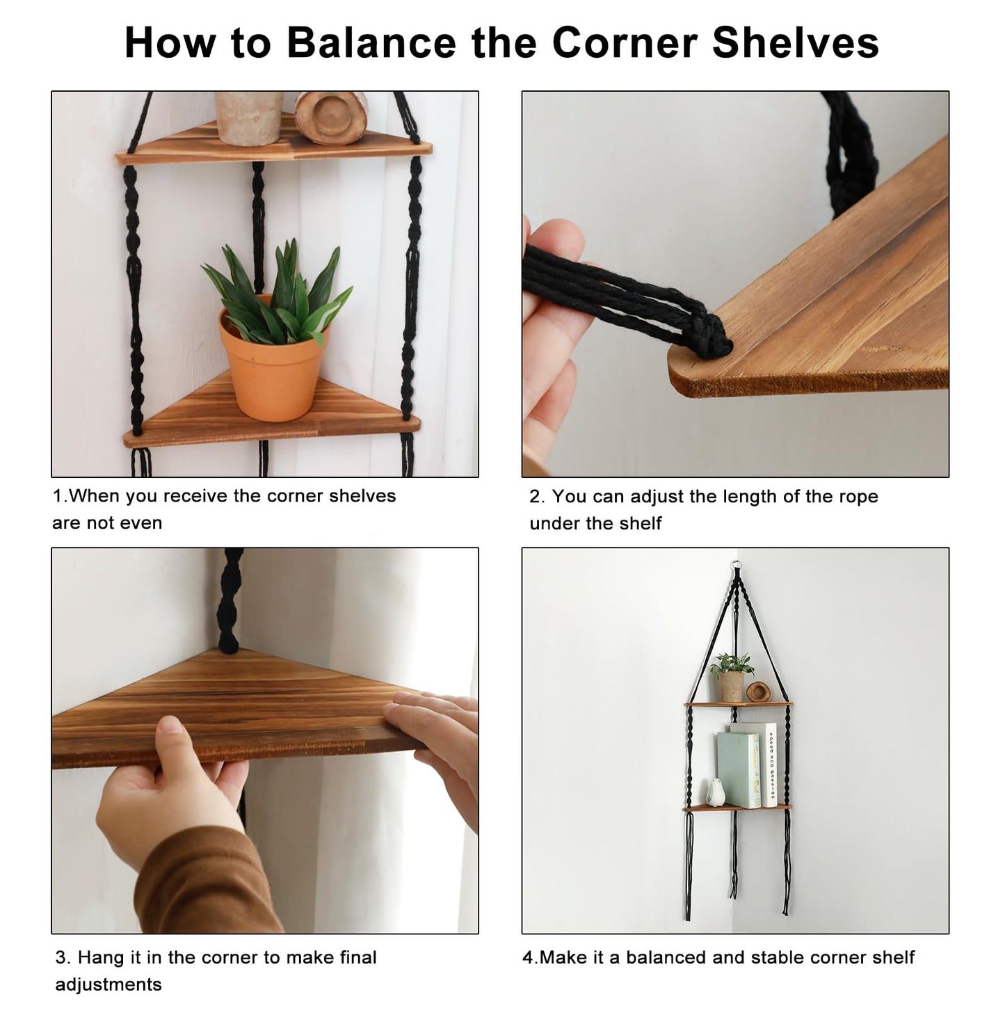 Artilady Macrame Corner Shelf Wall Hanging - 2 Tier Black Corner Floating Shelves Boho Wall Decor, Rustic Wooden Plant Shelf Storage Rack for Bedroom Living Room Bathroom