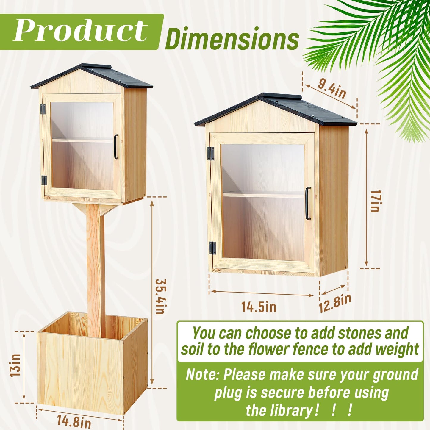 Wonderjune Little Library Box Outdoor with Floor Plugs & Flower Fence, Durable Weatherproof Solid Wood Book Exchange Box for Community, Literature, School Sharing Book(Natural Wood,Steepletop)