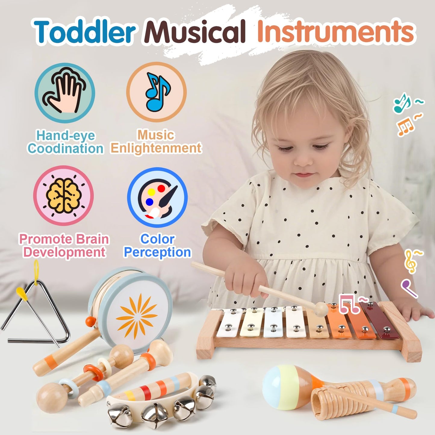 Wooden Toddler Musical Instruments Set, 9PCS Kids Montessori Toys, Baby Toys with Xylophone & Drum, Educational Gift for Ages 3 4 5 6Year Olds