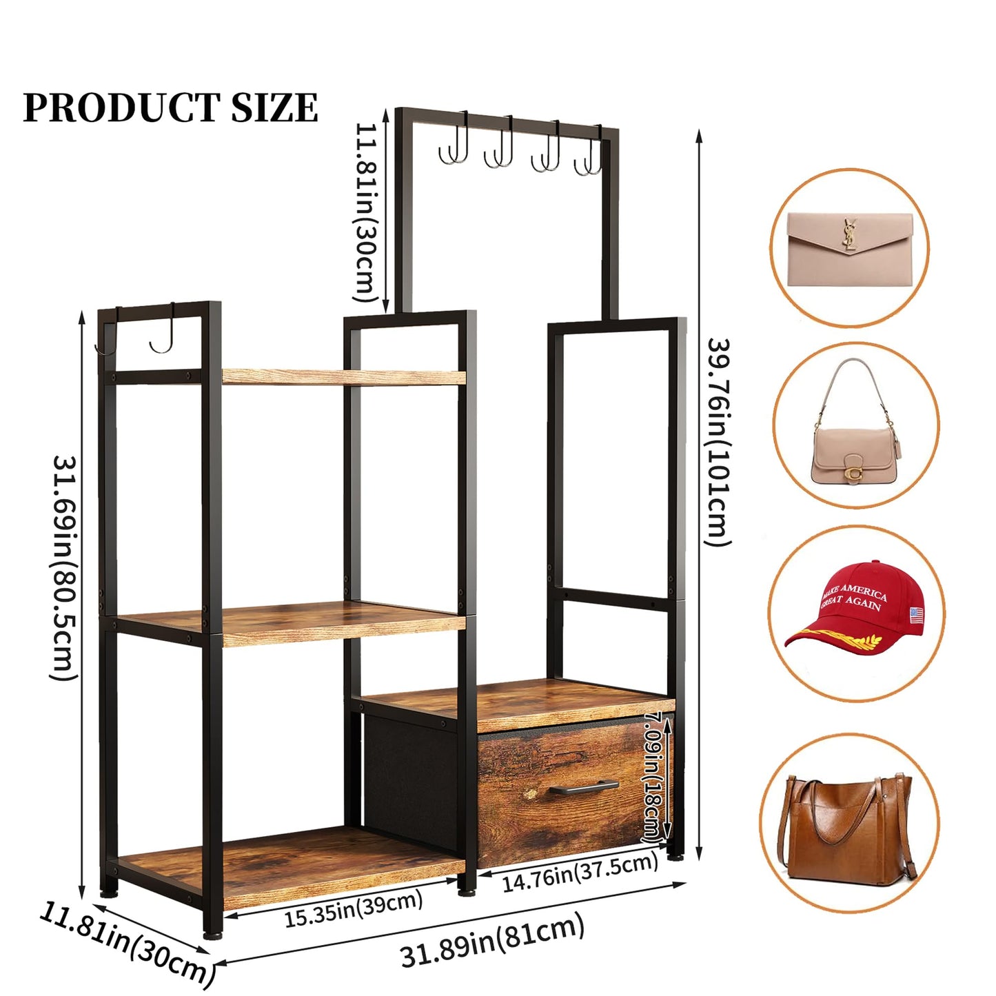 BTaoyutt 3-Tier Ironwood Purse Rack – Large Drawer & 6 Hooks for Handbag Storage ，Purse Display Shelf& Bag Organizer for Various Bags(Rustic Brown)