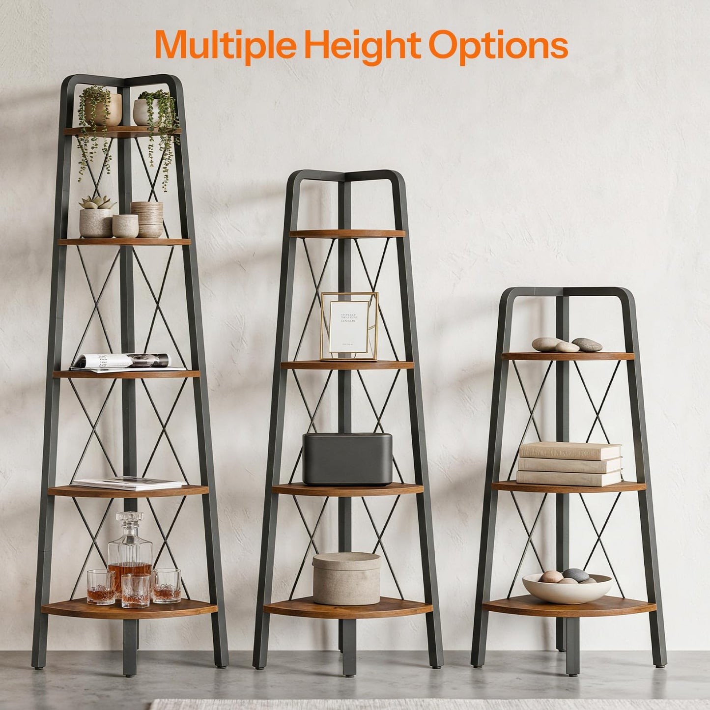 HOOBRO Corner Shelf, 3-Tier Corner Shelf Stand, 40” Tall Ladder Bookshelf, Industrial Corner Display Shelf Plant Stand for Living Room, Kitchen, Home Office, Rustic Brown BF143CJ01