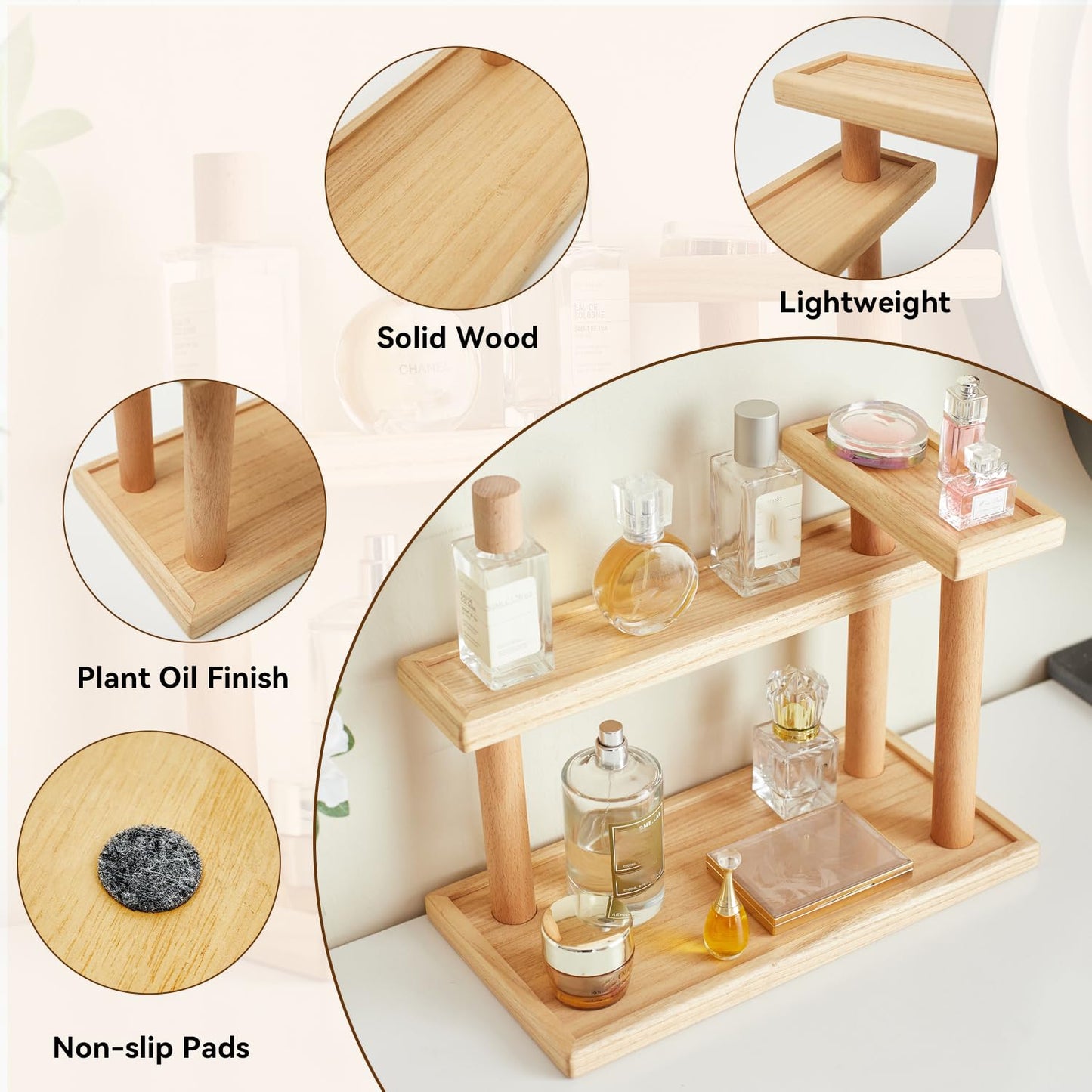 KIRIGEN 3-Tier Decor Display Riser, Paulownia Wood Step Shelf with Beech Supports, Wooden Countertop Stand Organizer for Entryway, Bedroom, Vanity for Perfumes, Cosmetics, Jewellery, Keys ZWJ-NA