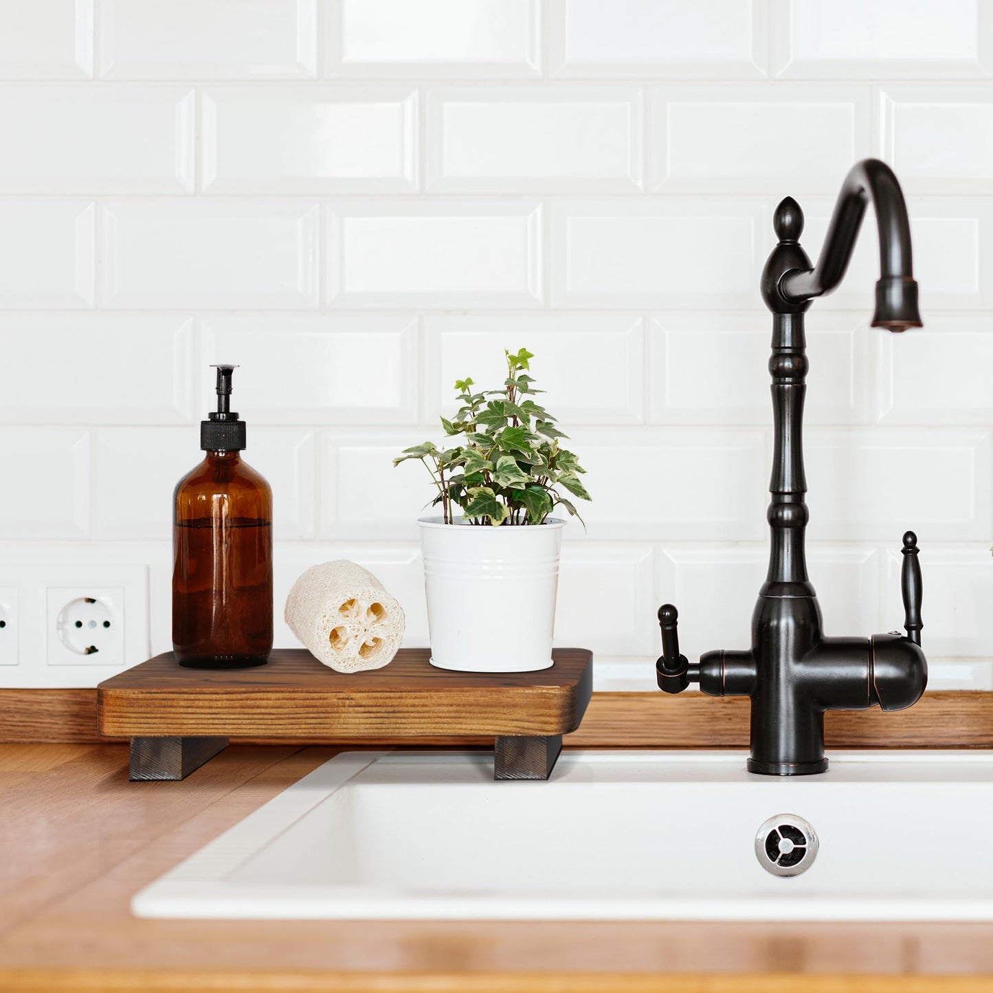 Liswit Farmhouse Wood Tray Rustic Wooden Pedestal Decorative Wood Riser for Farmhouse Kitchen Counter Bathroom Room Decor (Dark Brown)