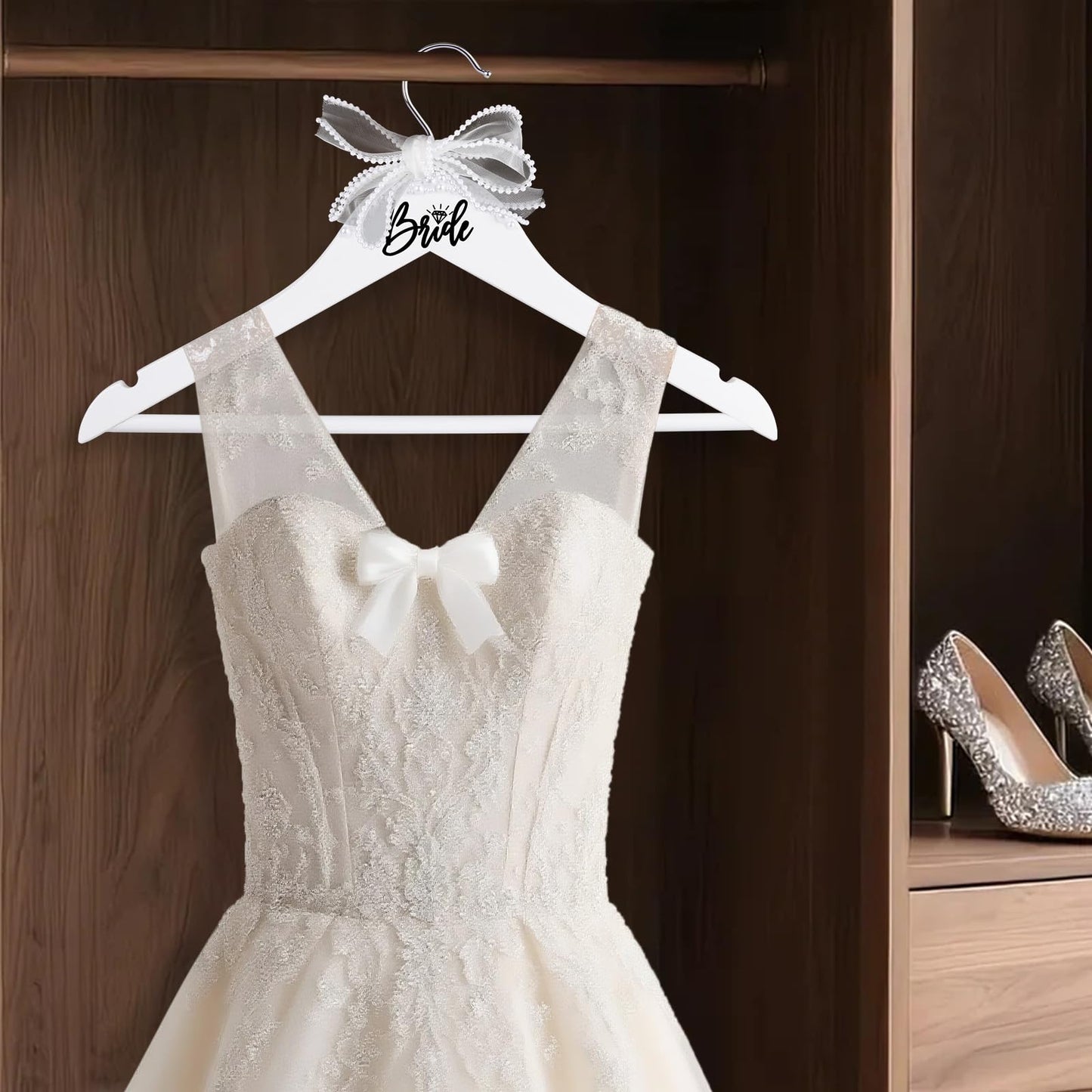 NINTHFIT Bride Hanger for Wedding Dress Wooden Pearl Hangers with Pearl Ribbon Bow Elegant Bridal Mrs Wedding Dress Hanger, 2PCS Personalized Wedding Hangers (White)